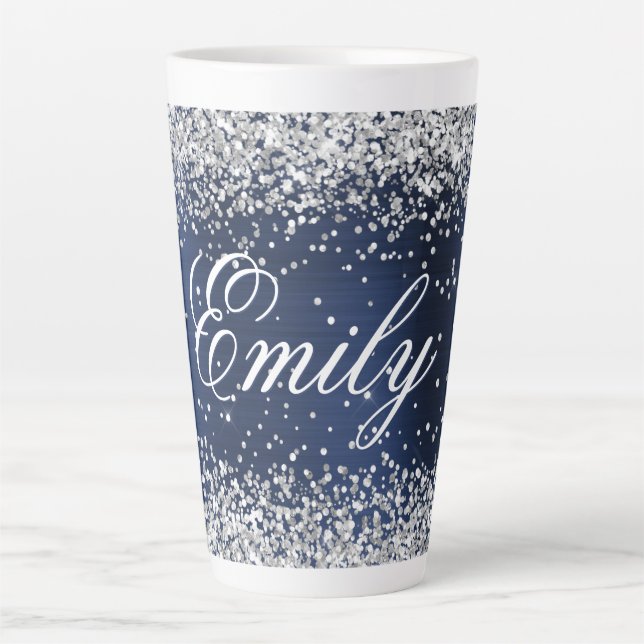 Personalisierter Silver Glitzer Navy Blue Foil Milchtasse (Vorderseite)