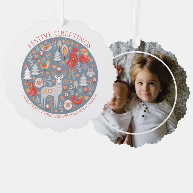 Personalisierter Skandinavier Nordischer Wald Ornament Karte (Vorderseite/Rückseite)