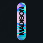 Personalisierter Skateboardname Black Holographic Skateboard<br><div class="desc">Dieses farbenfrohe Skateboard auf der Holographic Rainbow Pastel Wave abstraktes Design mit schwarzem und coolem Sans Serif Schriftart auf Unicorn Ästhetik mit einer modernen und niedlichen Touch der Fee leicht personalisieren. Fügen Sie Ihren Namen,  wählen Sie Schriftart,  ändern Sie Größe und Position,  fügen Sie Clipart,  Fotos und Formen.</div>