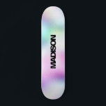 Personalisierter Skateboardname Moderner Niedliche Skateboard<br><div class="desc">Dieses farbenfrohe Skateboard auf der modernen Niedlichen holografischen Regenbogen Pastel Gradient abstrakten Design mit Einicornästhetik und einer modernen und niedlichen Touch von Fee leicht personalisieren. Fügen Sie Ihren Namen,  wählen Sie Schriftart,  ändern Sie Größe und Position,  fügen Sie Clipart,  Fotos und Formen.</div>