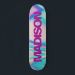 Personalisierter Skateboardname Retro 90 Vaporwave Skateboard<br><div class="desc">Dieser farbenfrohe Skateboard Individuelle Name Retro 90 Vaporwave abstrakte Design mit blauen, rosa und gelben Regenbogenfarben und lila violettem und coolem Sans Serif-Schriftart macht es leicht, sich diese ganz persönliche Note zu verleihen. Fügen Sie Ihren Namen, wählen Sie Schriftart, ändern Sie Größe und Position, fügen Sie Clipart, Fotos und Formen....</div>