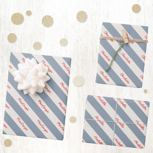 Personalisierter Skriptname Blue Cream Candy Strip Geschenkpapier Set