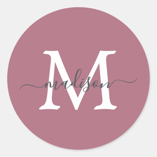 Personalisierter Skriptname Monogramm Dusty Rose Runder Aufkleber (Vorderseite)