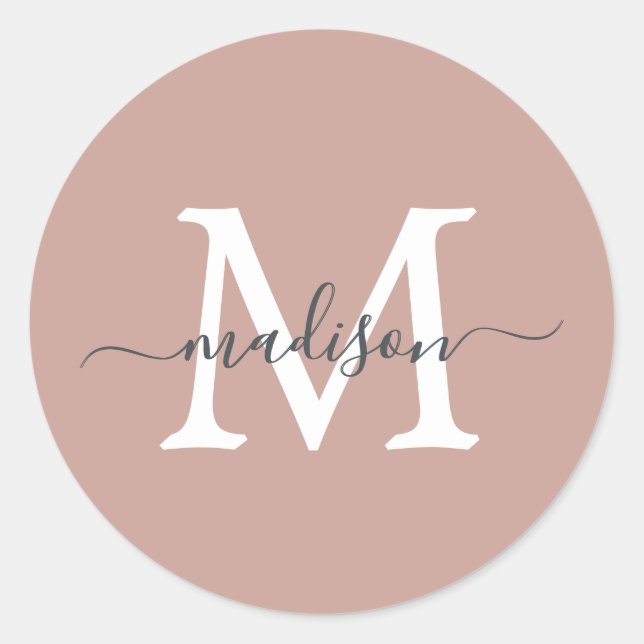 Personalisierter Skriptname Monogramm Dusty Rose Runder Aufkleber (Vorderseite)