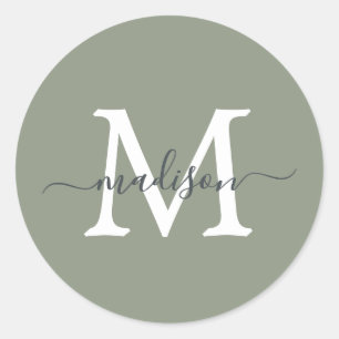 Personalisierter Skriptname Monogramm Salbeigrün Runder Aufkleber