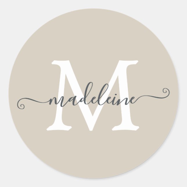 Personalisierter Skriptname Monogramm Warmbeige Runder Aufkleber (Vorderseite)