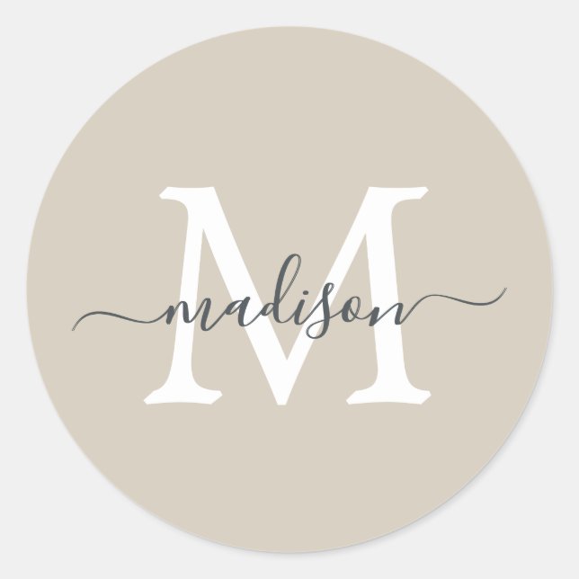Personalisierter Skriptname Monogramm Warmbeige Runder Aufkleber (Vorderseite)