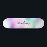 Personalisierter Skriptname Niedlich Girly Skatebo Skateboard<br><div class="desc">Dieses farbenfrohe Skateboard auf dem modernen Niedlichen Holografen Pastel Gradient abstrakten Design mit seinem individuelle Name im eleganten Kalligraphie-Schriftart wird leicht personalisiert. Fügen Sie Ihren Namen,  wählen Sie Schriftart,  ändern Sie Größe und Position,  fügen Sie Clipart,  Fotos und Formen.</div>