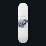 Personalisierter Skriptname Wolf Pack Skateboard<br><div class="desc">Ihr Name in einem trendigen Skriptstil-Schriftart mit einem Aquarellpack wilder Wölfe auf der Flucht.</div>