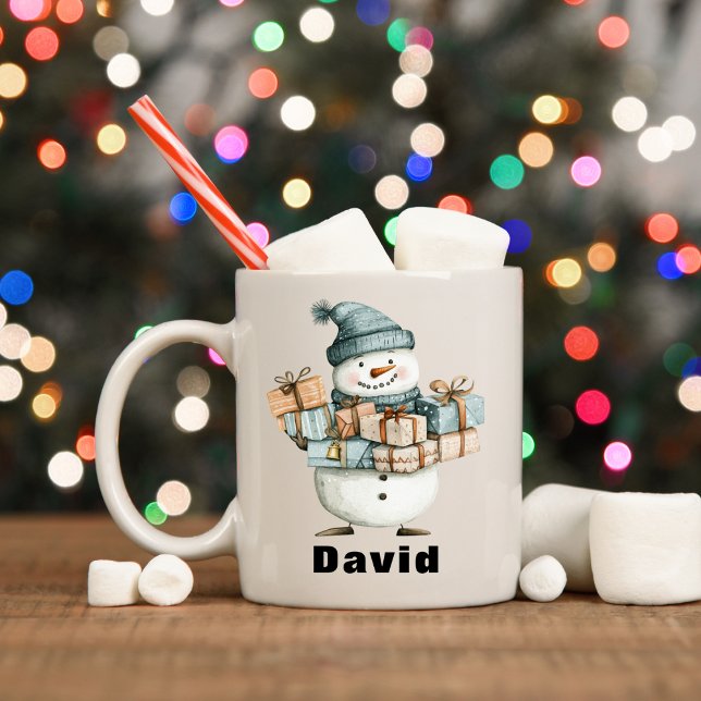 Personalisierter Snowman Holding Weihnachtsgeschen Kaffeetasse (Personalized Snowman Holding Christmas Presents Coffee Mug
)