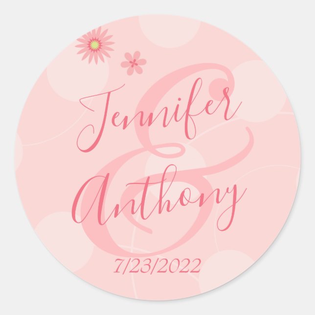 Personalisierter Sommer Hübsche Rosa Hochzeit Runder Aufkleber (Vorderseite)