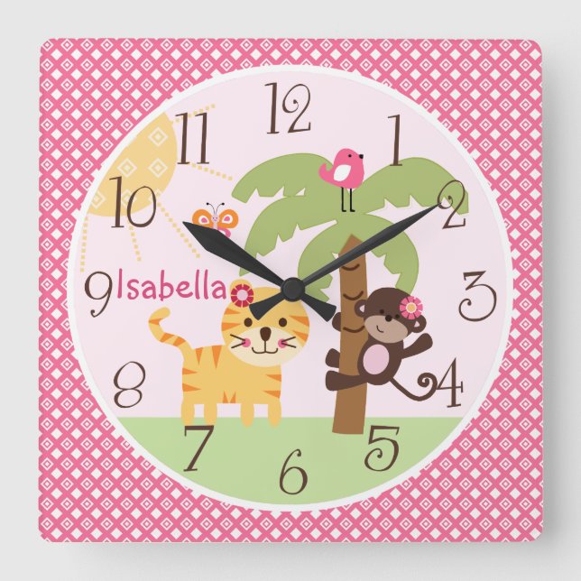 Personalisierter Sonnenaffe und Tiger Kinderzimmer Quadratische Wanduhr (Vorderseite)