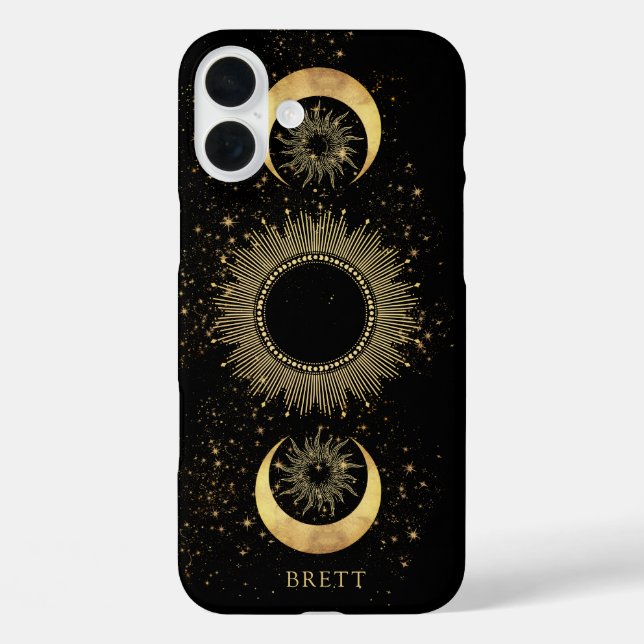 Personalisierter Sonnenmond Stars Black Gold iPhone 16 Plus Hülle (Rückseite)
