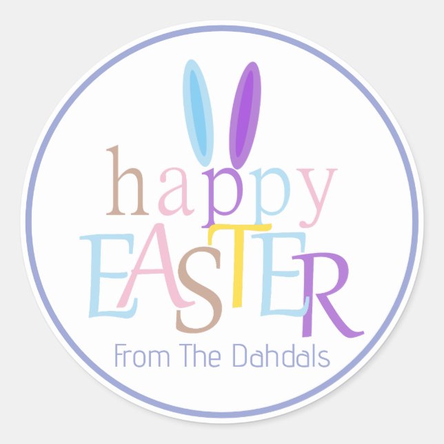 Personalisierter Spaß Bunny Ears Happy Osterblauer Runder Aufkleber (Vorderseite)