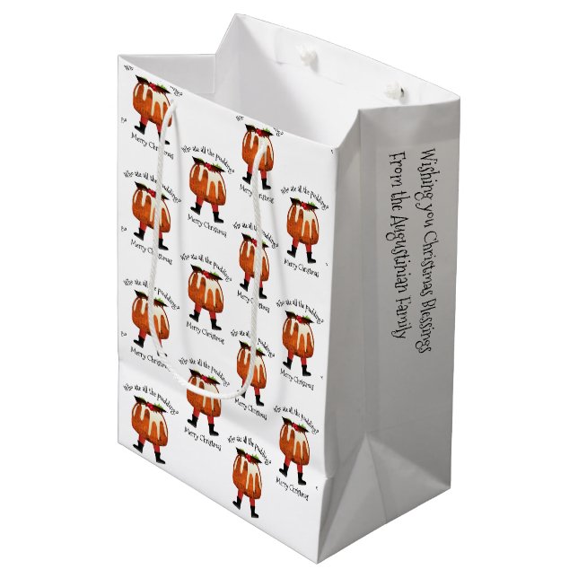 Personalisierter Spaß Pudding Frohe Weihnachten Mittlere Geschenktüte (Vorderseite Schrägansicht)