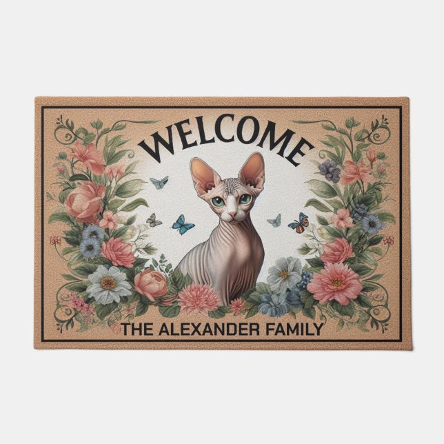 Personalisierter Sphynx Cat Floral Chic Willkommen Fußmatte (Vorderseite)