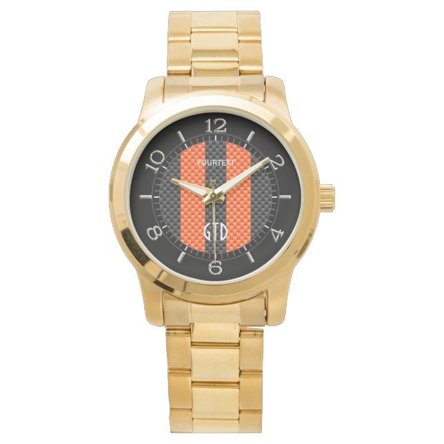 Personalisierter Sporty Orange Streifen Carbon Sty Armbanduhr (Vorderseite)