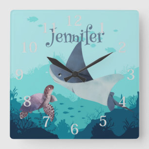 Personalisierter Stingray und Schildkröte unter Wa Quadratische Wanduhr
