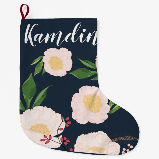 Personalisierter Strumpf Weiße Blume auf Dunkelhei Großer Weihnachtsstrumpf (Vorderseite)