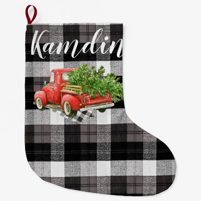 Personalisierter Strumpf XMAS Truck Baffalo Karier Großer Weihnachtsstrumpf (Vorderseite)
