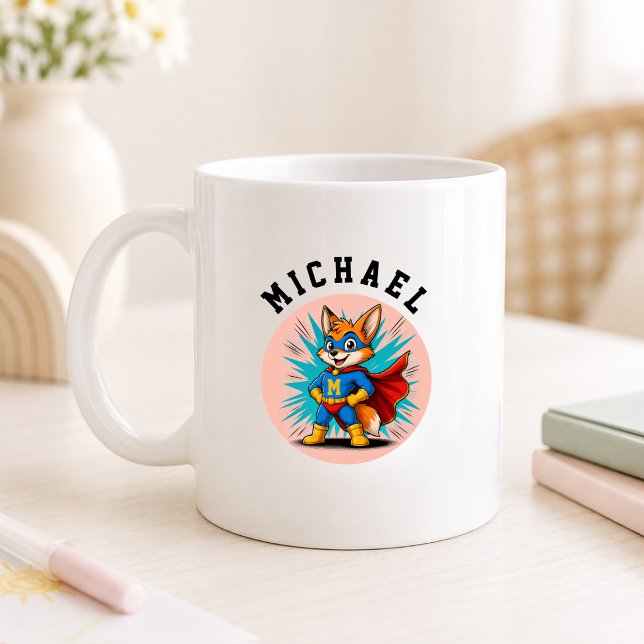 Personalisierter Superheld-Fuchs-Name & Initiale Kaffeetasse (Personalized Superhero Fox Name & Initial Coffee Mug)