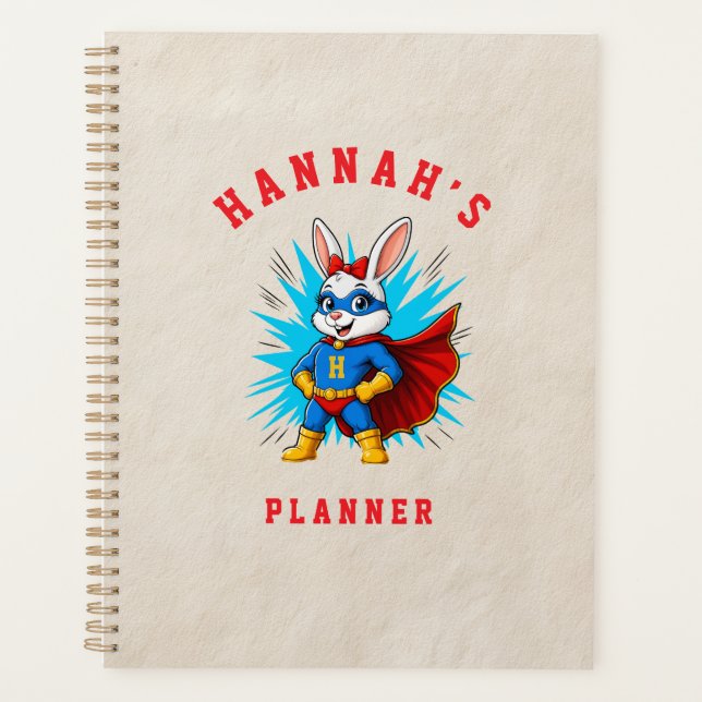 Personalisierter Superhelden-Hasen-Monogramm-Comic Planer (Vorderseite)