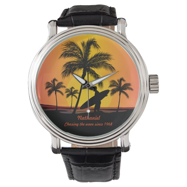 Personalisierter Surfer bei Sonnenuntergang Geburt Armbanduhr (Vorderseite)