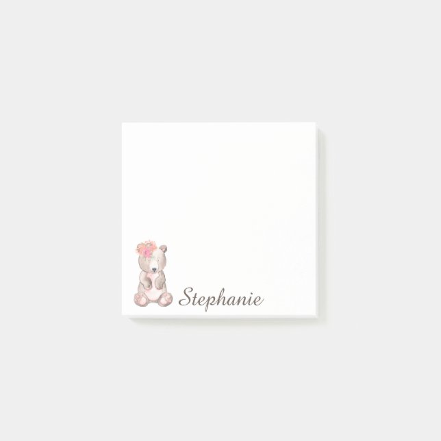 Personalisierter Süßbär mit Blume Aquarell Post-it Klebezettel (Vorderseite)
