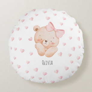 Personalisierter süßer Bär mit rosa Herzen Rundes Kissen