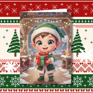 Personalisierter süßer Chibi-Elf mit Weihnachtsges Karte