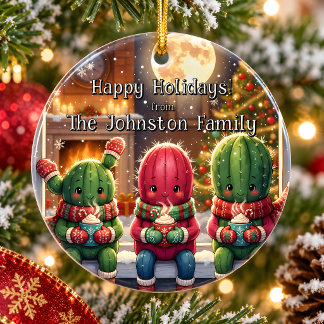 Personalisierter süßer Kaktus-Familien-Weihnachtss Keramik Ornament