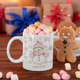 Personalisierter süßer rosa Winter-Schneemann Weih Kaffeetasse