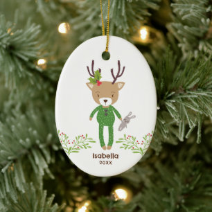Personalisierter süßer rustikaler Rentier-Weihnach Keramik Ornament