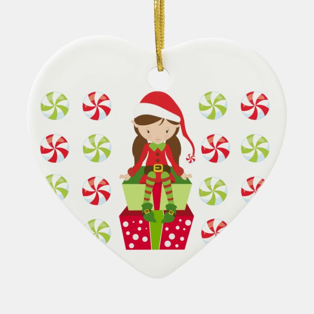 Personalisierter Süßigkeits-Weihnachtself Keramikornament (Vorne)