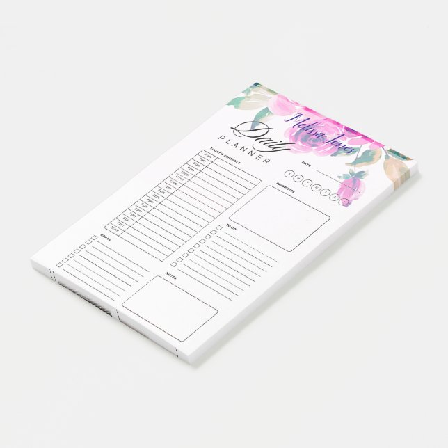 personalisierter Tagesplaner in rosa Blumen Post-it Klebezettel (angewinkelt)