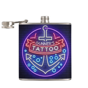 Personalisierter Tattoo-Shop im nautischen Neon-Sc Flachmann
