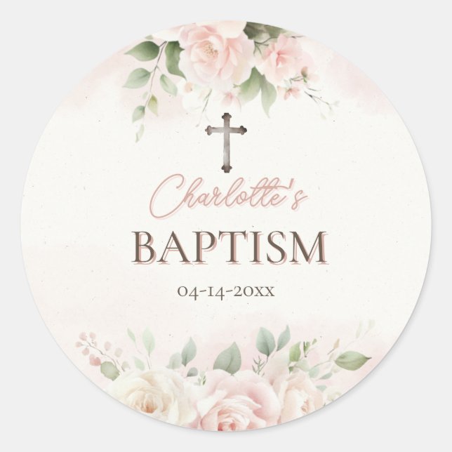 Personalisierter Taufsticker - Rosen in elegantem  Runder Aufkleber (Vorderseite)