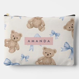 Personalisierter Teddybär & Blaues Schleifenmuster Zubehörtasche