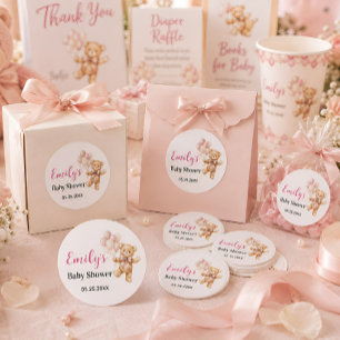 Personalisierter Teddybär Mädchen Baby Shower Runder Aufkleber
