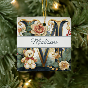 Personalisierter Teddybär mit floralem Buchstaben Keramikornament