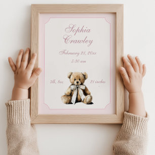 Personalisierter Teddybär Rosa Geburtsinfo-Poster Poster