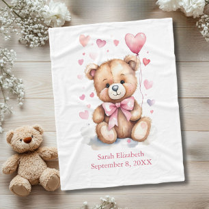 Personalisierter Teddybär Rosa Schleife Herzen Bab Fleecedecke