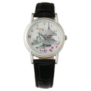 Personalisierter Tempel, Bamboo, Kirschblüten Japa Armbanduhr