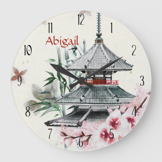 Personalisierter Tempel, Bamboo, Kirschblüten Japa Große Wanduhr (Vorderseite)