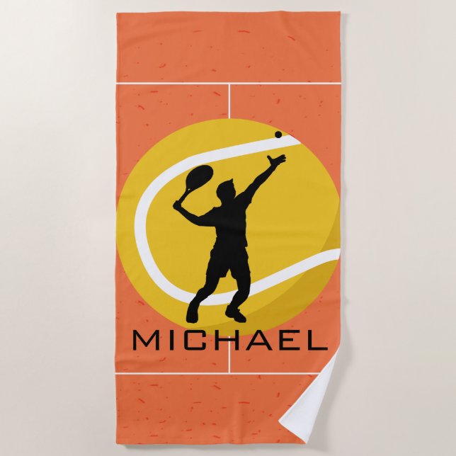 Personalisierter Tennisspieler Serve Ball Orange Strandtuch (Vorderseite)