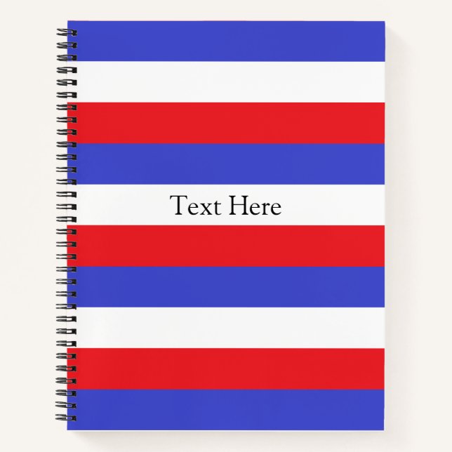 Personalisierter Text auf blau-weiß Streifen Notizbuch (Vorderseite)
