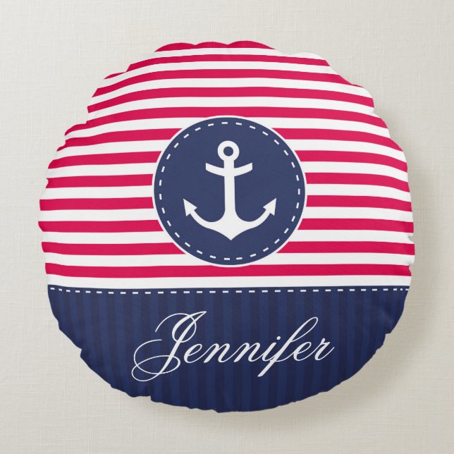 Personalisierter Text Blau und Roter Wasseranker Rundes Kissen (Vorderseite)