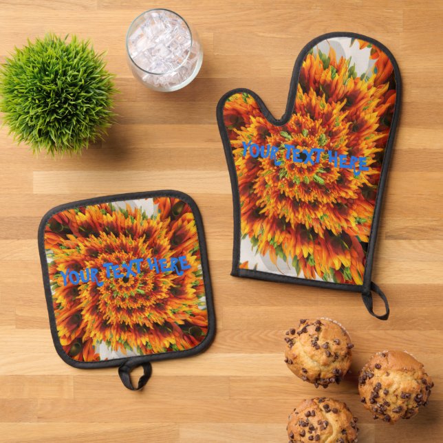 Personalisierter Textname Sonnenblume Swirft Gesch Ofenhandschuh & Topflappen-Set (Oben Unten)