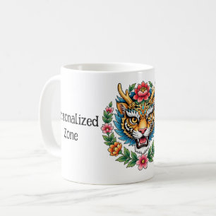 Personalisierter Tiger-Blumen-Tattoo-Becher Kaffeetasse