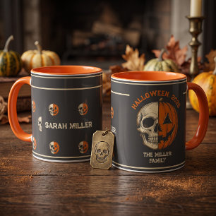 Personalisierter Totenkopf-Kürbis-Familienname Hal Tasse
